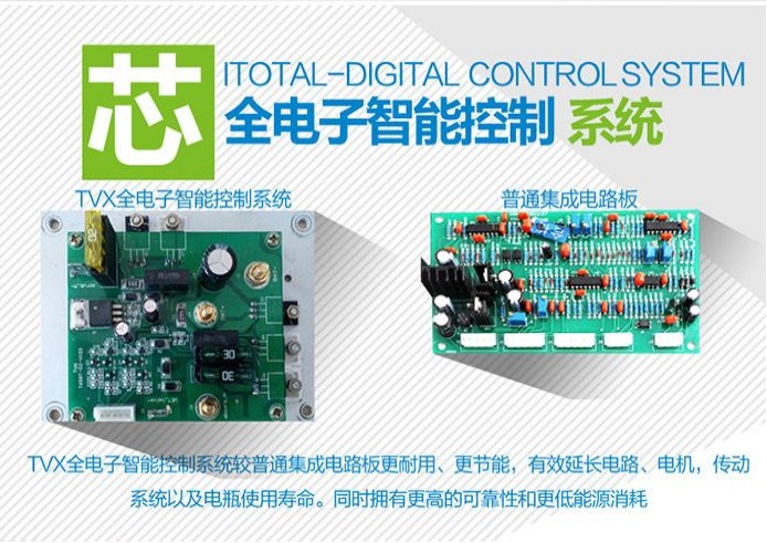 全電子智能控制系統(tǒng)，tvx比較普通集成電路板更耐用更節(jié)能，有效延長電路，電機(jī)，傳動系統(tǒng)以及電瓶使用壽命同時擁有更高的考考型和更低能源消耗