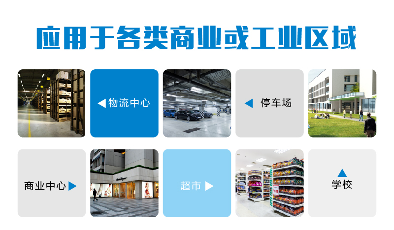 適合于商業(yè)中心，物流中心，超市，停車場，學校，體育場館，塑膠場地，羽毛球場，網(wǎng)球場，籃球場